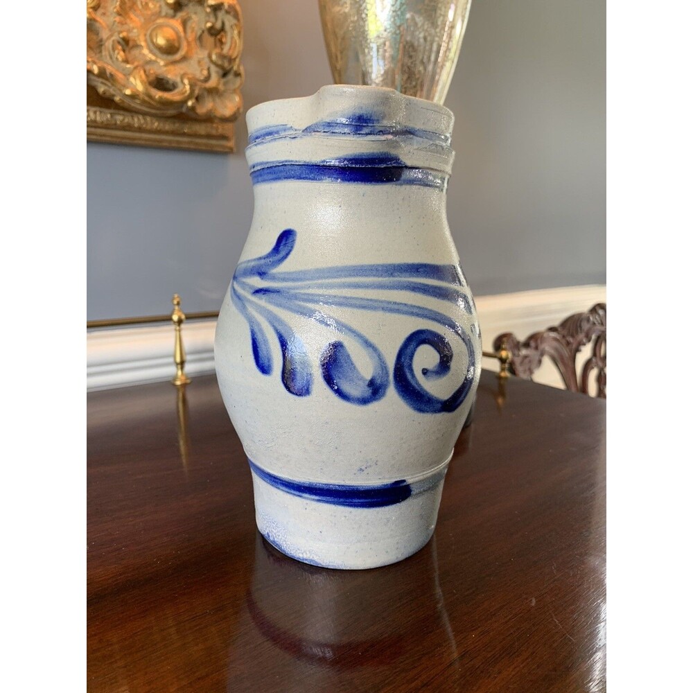 Vintage German Salt Glazed Gray and Blue Pitcher 8" Tall Germany